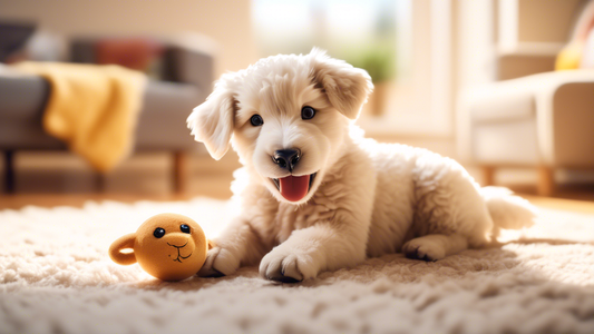 An adorable, happy puppy playfully chewing on a cute, soft lamb-shaped dog toy in a cozy, sunlit living room with a plush dog bed in the background. The pup looks cheerful and content, highlighting th