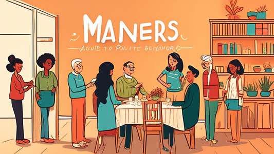 Create an illustration of a friendly guidebook titled Manners Minder: A Guide to Polite Behavior. The book should be opened on a table with diverse characters in the background practicing polite behav