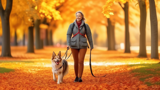 Create an image of a serene park setting during autumn with a person walking a happy dog using the PawSafe No Pull Harness. The person looks relaxed and content, while the dog walks calmly at their si