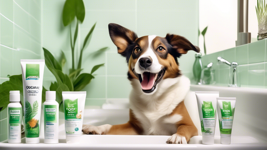 Create an image of a happy dog sitting on a bathroom counter next to a tube labeled Organic Dog Toothpaste. Show a person gently brushing the dog's teeth with a toothbrush, while green leaves and natu