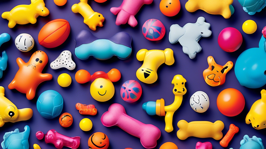 Create a vibrant, high-resolution image of a variety of colorful squeaky toys designed for small dogs. Include a selection of shapes such as bones, balls, and animal figures. Place the toys in a playf