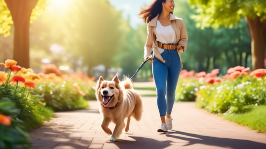 Create an image depicting a joyful dog walking alongside its owner in a picturesque park. The dog is happily trotting without a traditional leash, as the owner uses a futuristic, handless leash device
