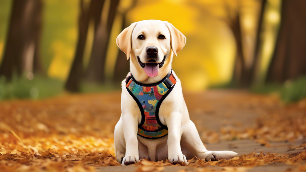Create an image showcasing a happy Labrador Retriever wearing a variety of stylish and comfortable harnesses. The scene should include different designs, colors, and fits, all displayed in an organize