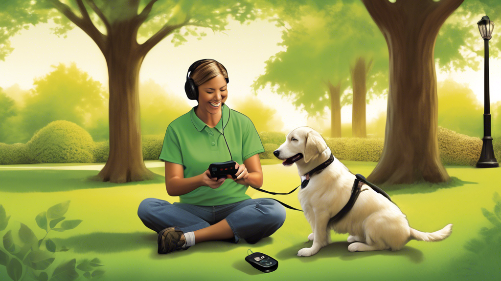 Create an image of a pet owner in a peaceful, green park setting using a SportDOG remote to train their happy, attentive dog. The owner holds the remote confidently while the dog responds with enthusi