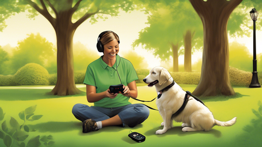 Create an image of a pet owner in a peaceful, green park setting using a SportDOG remote to train their happy, attentive dog. The owner holds the remote confidently while the dog responds with enthusi