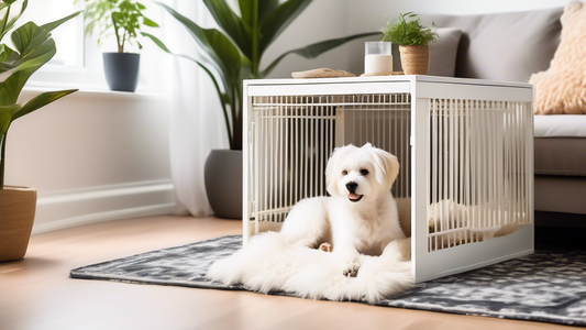 Create an image of a cozy, modern living room with a stylish white dog crate in the corner. The crate should be spacious, well-ventilated, and include a soft, plush bed inside. Show a happy, small-to-