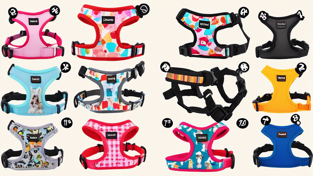 Create an image of a variety of colorful Puppia harnesses for dogs displayed against an Amazon-themed backdrop, featuring customer ratings and top picks badges. Include small to large dogs wearing the