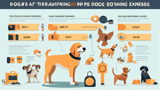 Create a detailed and informative illustration depicting various aspects of dog training expenses. Include multiple scenes such as a dog training class with a professional trainer, price tags on train