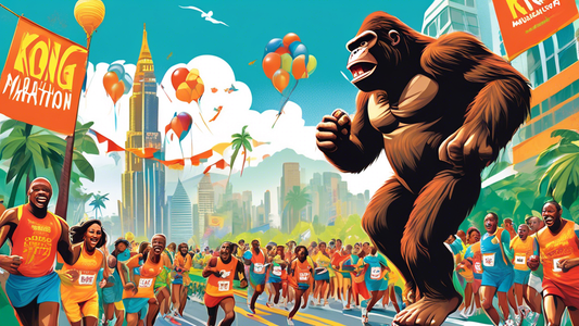 Create an illustration showing a vibrant scene from the Ultimate Guide to the Kong Marathon. Include energetic runners dressed in colorful athletic gear and giant King Kong-themed decorations along th