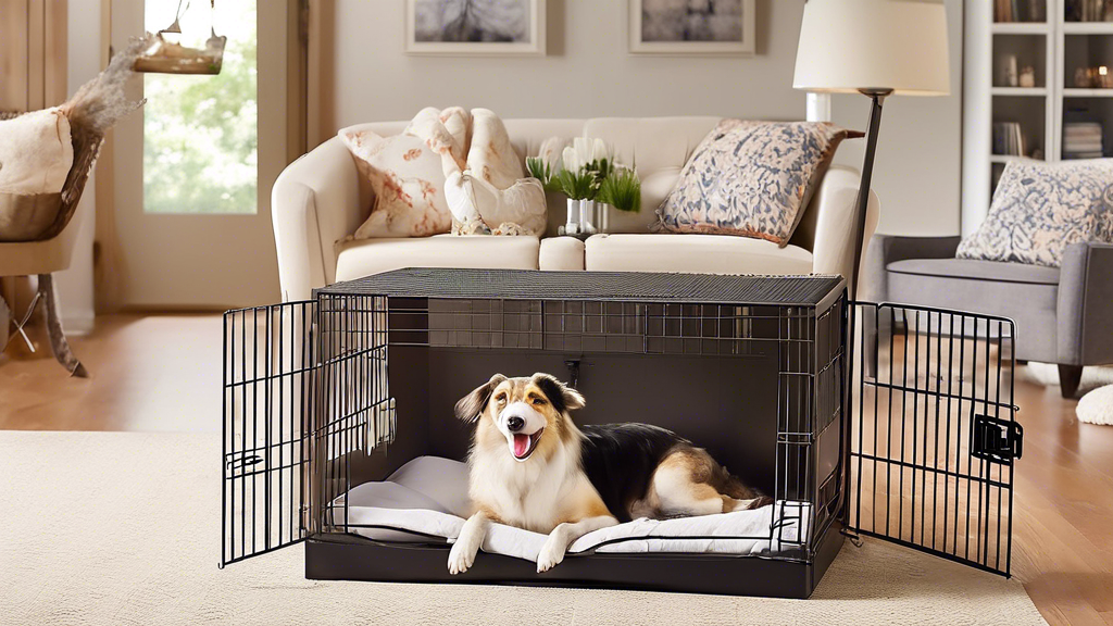 Create an image of a cozy living room with several well-designed dog crates from Petco arranged neatly. Each crate varies in size and style, showcasing different features such as foldability, double d