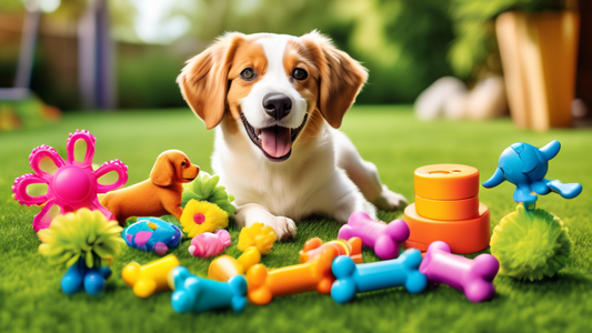 Create an image of a playful and adorable dog surrounded by a variety of vibrant, innovative dog toys. The scene is set in a cheerful and sunny backyard with lush green grass and colorful flowers. The
