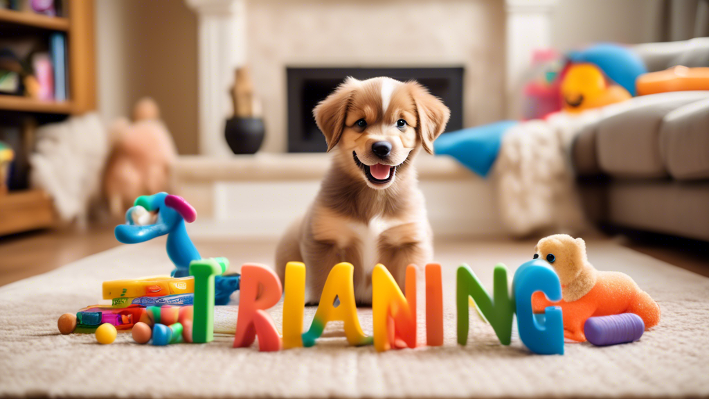 An adorable young puppy sitting obediently with a happy expression in a beautifully decorated living room, surrounded by colorful training tools such as chew toys, clickers, and treats. In the backgro