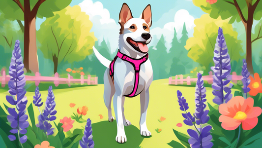 Create a detailed illustration of a joyful dog wearing a stylish, well-fitting lupine dog harness while walking happily in a vibrant outdoor park. The harness should have adjustable straps, padded are