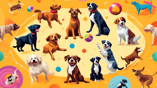 Create an image depicting a joyful collage featuring various dogs of different breeds performing playful tricks. Show one dog giving a high-five, another spinning in a circle, a third rolling over, an