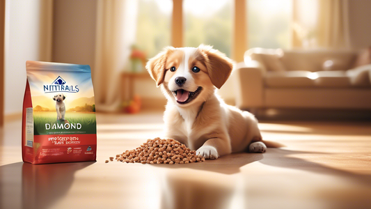 Create an image showcasing a happy, healthy puppy enjoying a bowl of Diamond Naturals puppy food. The background should feature a cozy, well-decorated living room with sunlight streaming through the w