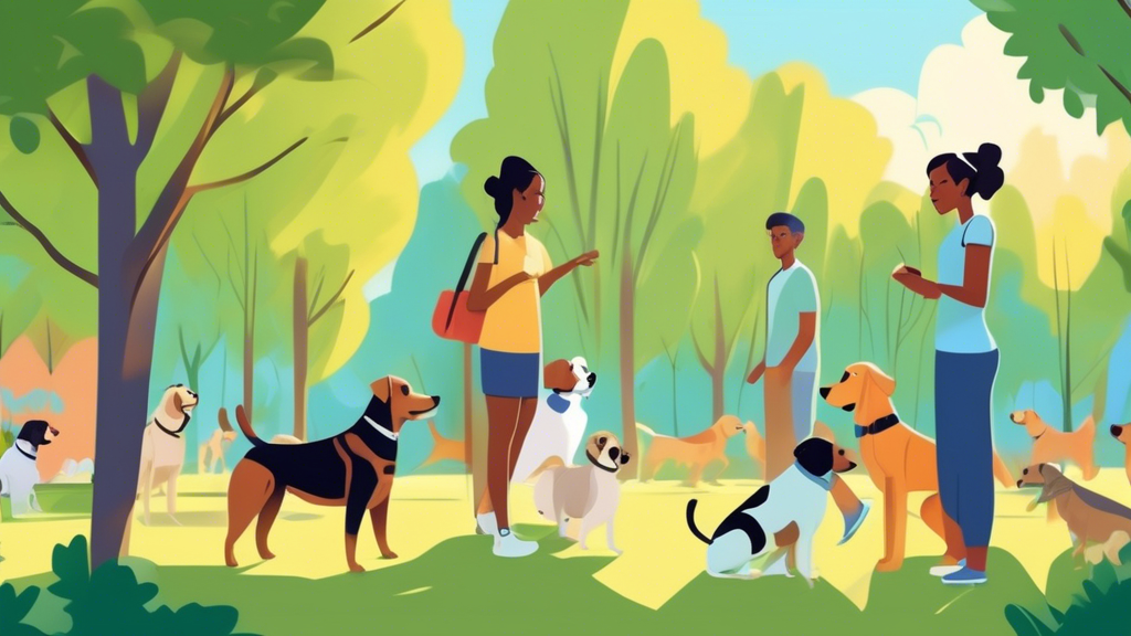 A serene park setting where a diverse group of dog owners are training their dogs. The scene features dogs of various breeds performing basic commands like 'sit,' 'stay,' and 'heel.' Trainers are usin