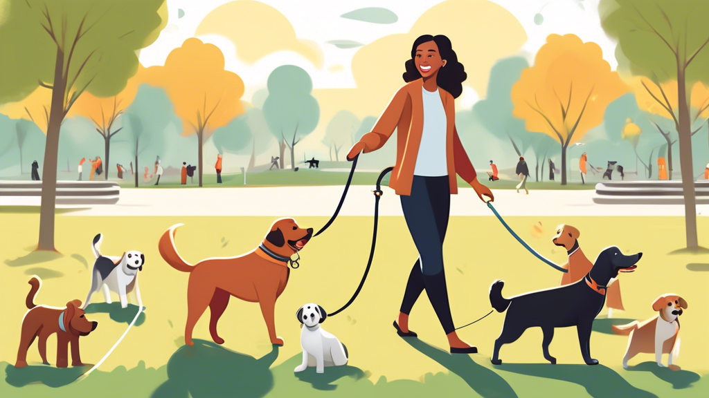 An illustrated guide featuring a confident dog trainer demonstrating how to use a long lead with a happy and attentive dog in a park setting. The trainer is holding a long leash with clear step-by-ste