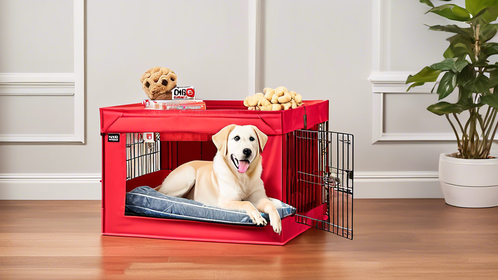 Create an image of a cheerful dog happily sitting inside a spacious, well-designed Kong brand crate. The crate should be large and sturdy, with soft bedding, toys, and chew items inside. Beside the cr