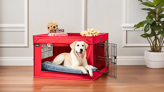 Create an image of a cheerful dog happily sitting inside a spacious, well-designed Kong brand crate. The crate should be large and sturdy, with soft bedding, toys, and chew items inside. Beside the cr