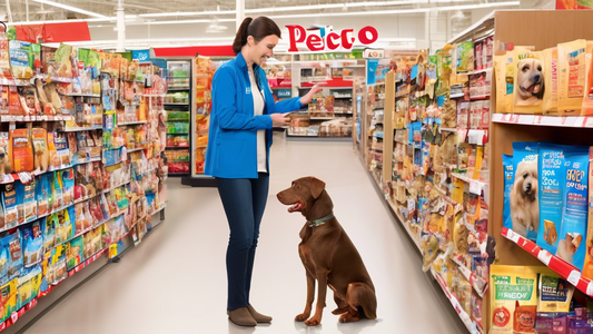 Create an image depicting a busy Petco store aisle, showcasing a variety of Victor Dog Food bags neatly lined on the shelves. Include a friendly store employee explaining the features of different Vic