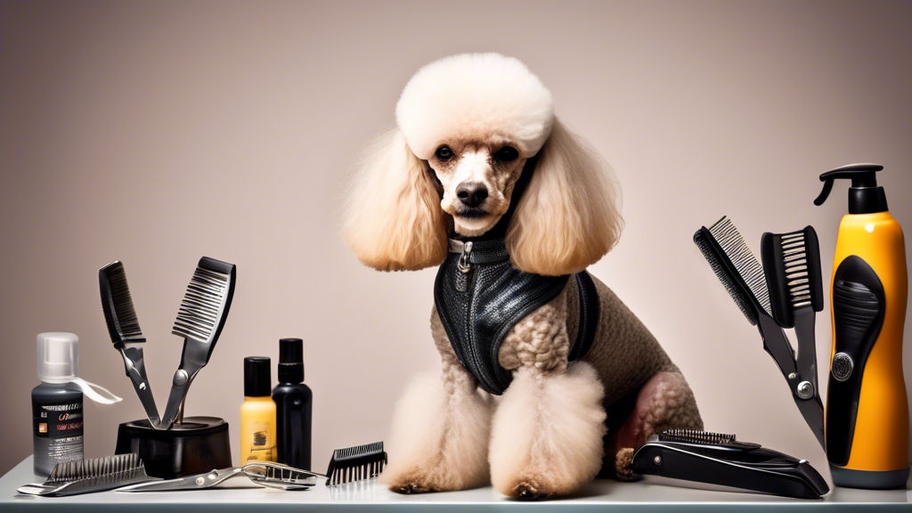 Create an image showcasing a well-groomed poodle sitting on a grooming table. Surround it with a variety of high-quality, professional dog clippers laid out neatly. Include items like clipper blades, 