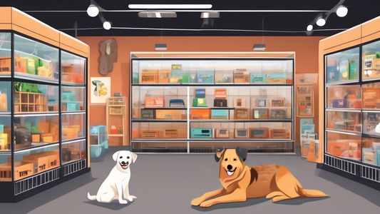 Create a detailed and realistic image of a pet store showcasing a variety of lightweight dog crates, each designed with different materials and styles. The scene should include helpful signage highlig