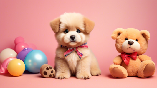 Create an image of an adorable, fluffy puppy that looks like a teddy bear, with soft fur, big round eyes, and a sweet expression. The puppy should be surrounded by a playful and cozy environment with 