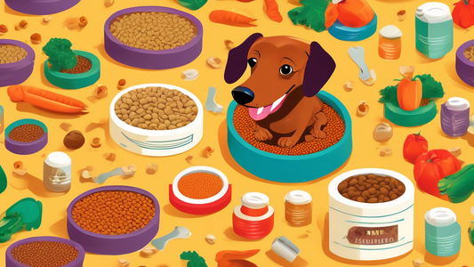 Create an illustration of a happy Dachshund surrounded by a variety of high-quality dog foods. Include bowls filled with kibble, wet food cans, fresh vegetables, and cuts of meat. Make sure the settin