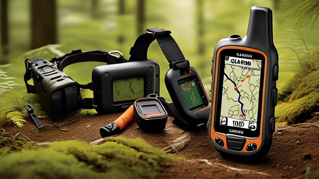 Create an image of a detailed 'Complete Guide to the Garmin Alpha 100 Bundle' featuring the handheld GPS device prominently, along with its accessories like tracking collars, chargers, and a detailed 