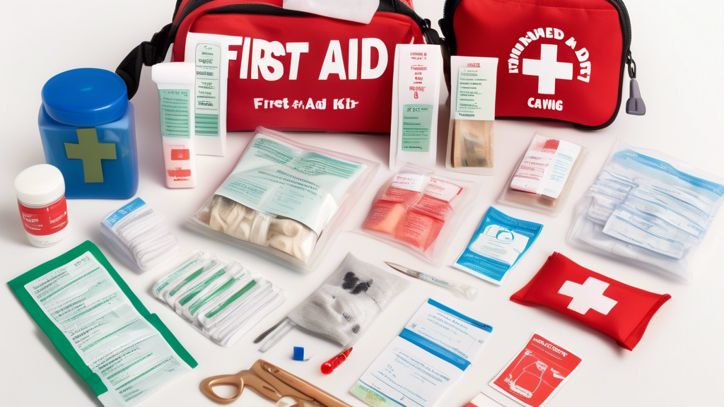 Create an image of a well-organized first aid kit specifically designed for dogs. The kit should be open to display various essential items such as bandages, antiseptic wipes, tweezers, gauze pads, a 