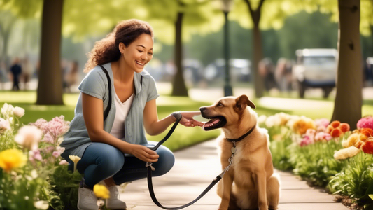 A heartwarming scene in a lush, sunny park where a smiling dog owner is gently training a happy, well-behaved dog on a leash. The dog sits attentively, responding to the owner’s cues, with a backgroun