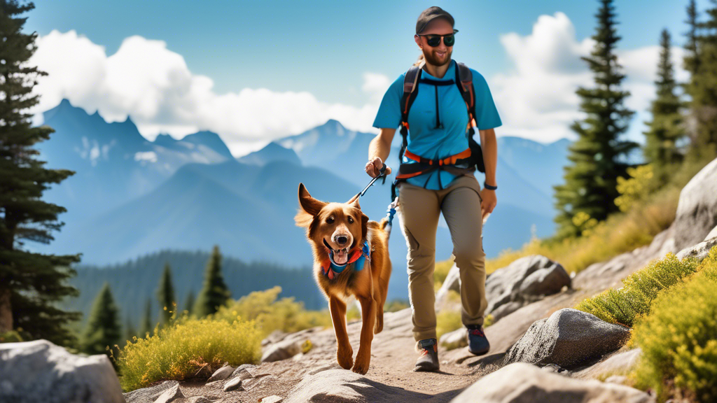A vibrant outdoor scene featuring an adventurous dog, securely leashed with a durable and stylish Ruffwear dog leash, as it explores a scenic mountain trail with its owner. The dog appears joyful and 