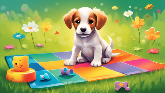 Create an image of a cute young puppy sitting on a grassy lawn with a small, colorful potty training mat nearby. The scene should be bright and cheerful, with the puppy looking inquisitively happy. In