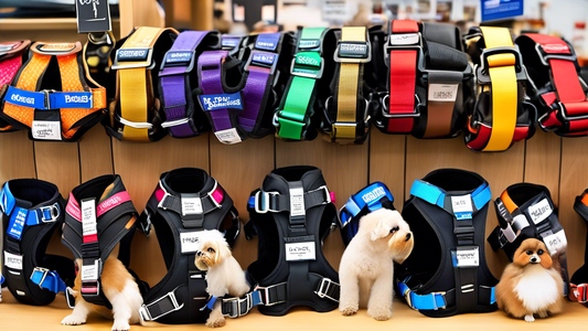 Create an image of various types of dog assist harnesses displayed on a table. Each harness should have labels indicating their specific uses, such as 'Mobility Support,' 'Lift Assist,' and 'Training.