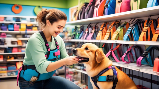 Create an image of a cheerful dog trying on various colorful and well-padded harnesses in a pet store. The dog is accompanied by a smiling owner carefully examining the fit and security of each harnes