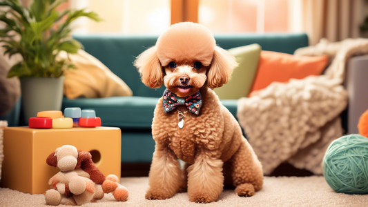 Create an illustrated image of an adorable toy poodle in a cozy home setting. The poodle is wearing a cute bowtie and is surrounded by playful toys. Use warm colors to enhance the charming and affecti