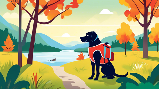 Create an image of a happy dog in an outdoor setting, featuring essential supplies like a sturdy leash, collapsible water bowl, doggy backpack, pet first aid kit, portable dog bed, and a high-visibili