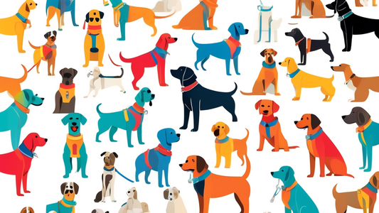 Create an image of different no-pull dog harnesses in various bright colors neatly arranged on a clean, white background. Include Amazon's logo subtly in the corner, and show happy, diverse dog breeds
