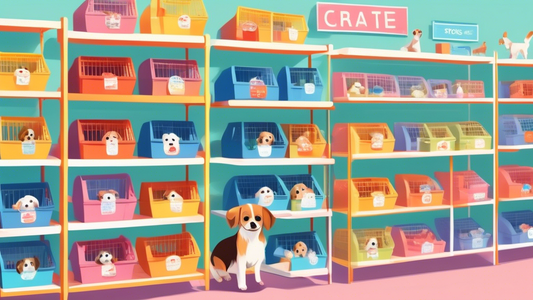 A brightly lit pet store aisle showcasing a variety of small dog crates, with clear price tags indicating affordability. The crates are of different styles and colors, neatly arranged on shelves. A ha