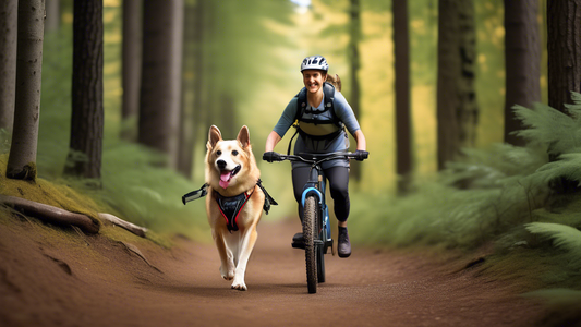 Create an image that shows a happy dog wearing a snug, comfortable bikejoring harness, attached to a person riding a mountain bike through a scenic forest trail. The harness should have secure yet fle
