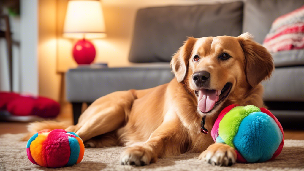 Create an image of a happy dog cuddling with a large, colorful Kong Cozie plush toy in a cozy and warm living room setting. The room should have soft lighting, comfortable furniture, and maybe a pet b