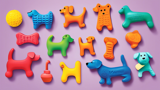 Create an image of a variety of colorful and fun dog chew toys, designed in imaginative shapes and textures, set against a backdrop that illustrates a happy and healthy dog. Ensure the chew toys exhib