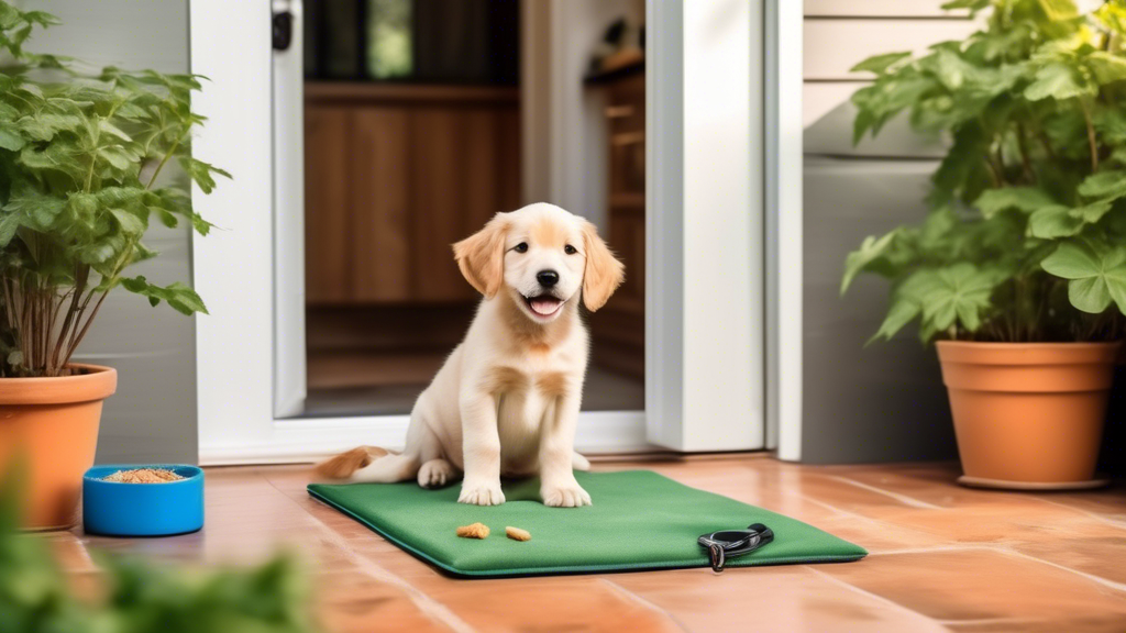 Create an image of a cheerful puppy sitting next to a welcoming, open back door leading to a lush green yard. Place a small training pad near the door, and include a variety of dog training tools like