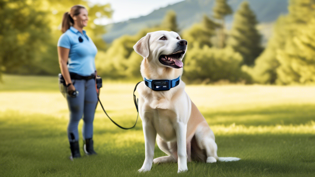 Create an image of a happy dog wearing a SportDOG 825X training collar, standing attentively next to its owner in a beautiful outdoor setting. The owner holds the remote control, and both are surround