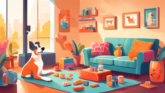 A cozy living room setting with a happy dog learning new tricks from its owner, surrounded by training tools such as treats, a clicker, and a toy. The scene is bright and inviting, with a sense of acc