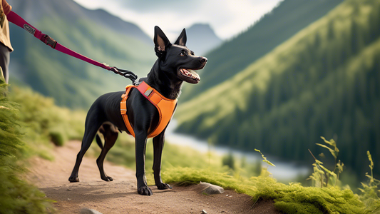Create an image of a happy and energetic dog, equipped with a high-quality, durable dog lead from Ruffwear. The dog is on a scenic hiking trail with its owner, showcasing the lead's strength and relia