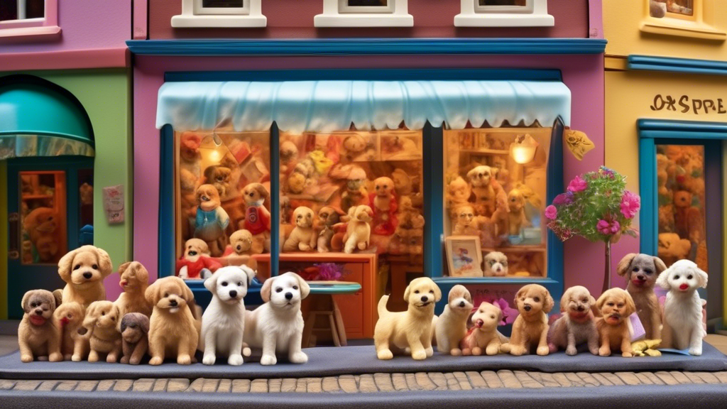 A colorful, welcoming storefront in a charming town, filled with a variety of adorable, realistic toy puppies on display in the window. Happy families and children eagerly looking at the toys, with a 