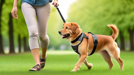 Create a detailed image of a happy dog owner and their dog using the PetSafe Easy Walk Dog Harness. The scene should show the dog calmly walking beside the owner in a park, highlighting how the harnes