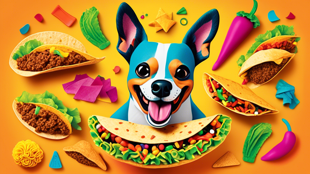 Create an image of a playful, cartoonish dog chewing on a vibrant, taco-shaped toy in a bright and cheerful setting. The dog looks happy and excited, with a wagging tail, surrounded by other fun and c