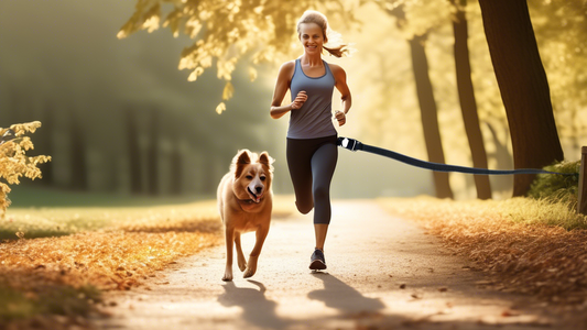 Create an image of an active person jogging in a scenic park, wearing a convenient hands-free dog leash waist belt. The waist belt should securely hold the dog leash, allowing the person to run freely